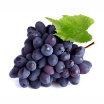 Bundle of blue grapes with a green leaf